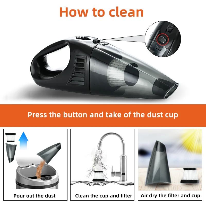 Commercial portable vacuum cleaner with excellent suction and dry and wet function, hands-free installation for use in a car