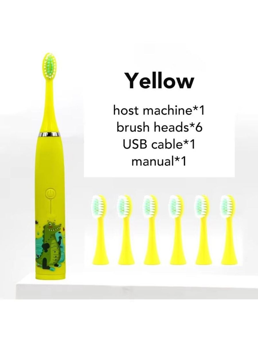 Electric children's toothbrush with soft bristles, featuring a two-minute timer and six replacement heads
