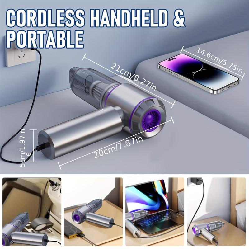 Portable Wireless Car Vacuum Cleaner - Handheld Vacuum Cleaner 4-in-1 with 3 Speed Settings - Brushless Motor, 21000PA High Power Suction, PC Compressed Air Duster, 35 Minutes Battery Life for Car ((Silver Purple)), Father's Day Gift