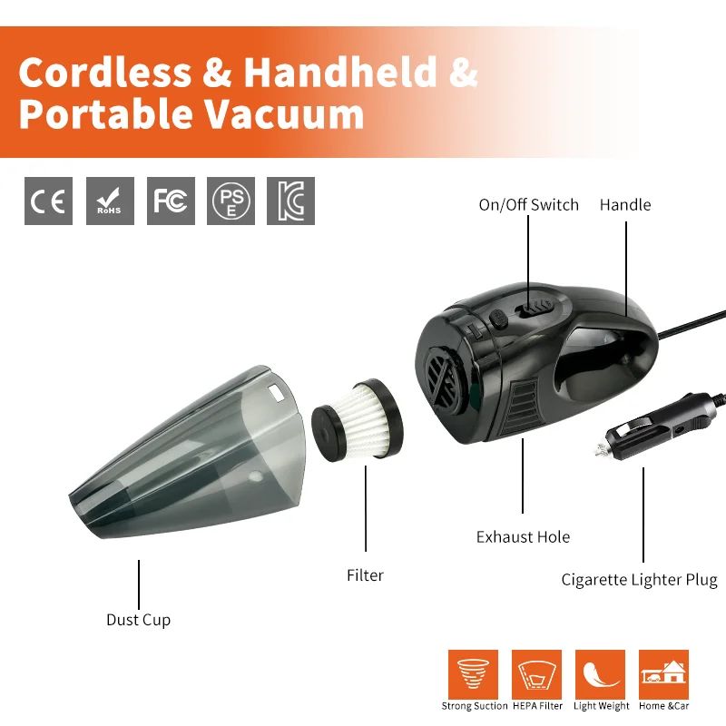 Commercial portable vacuum cleaner with excellent suction and dry and wet function, hands-free installation for use in a car