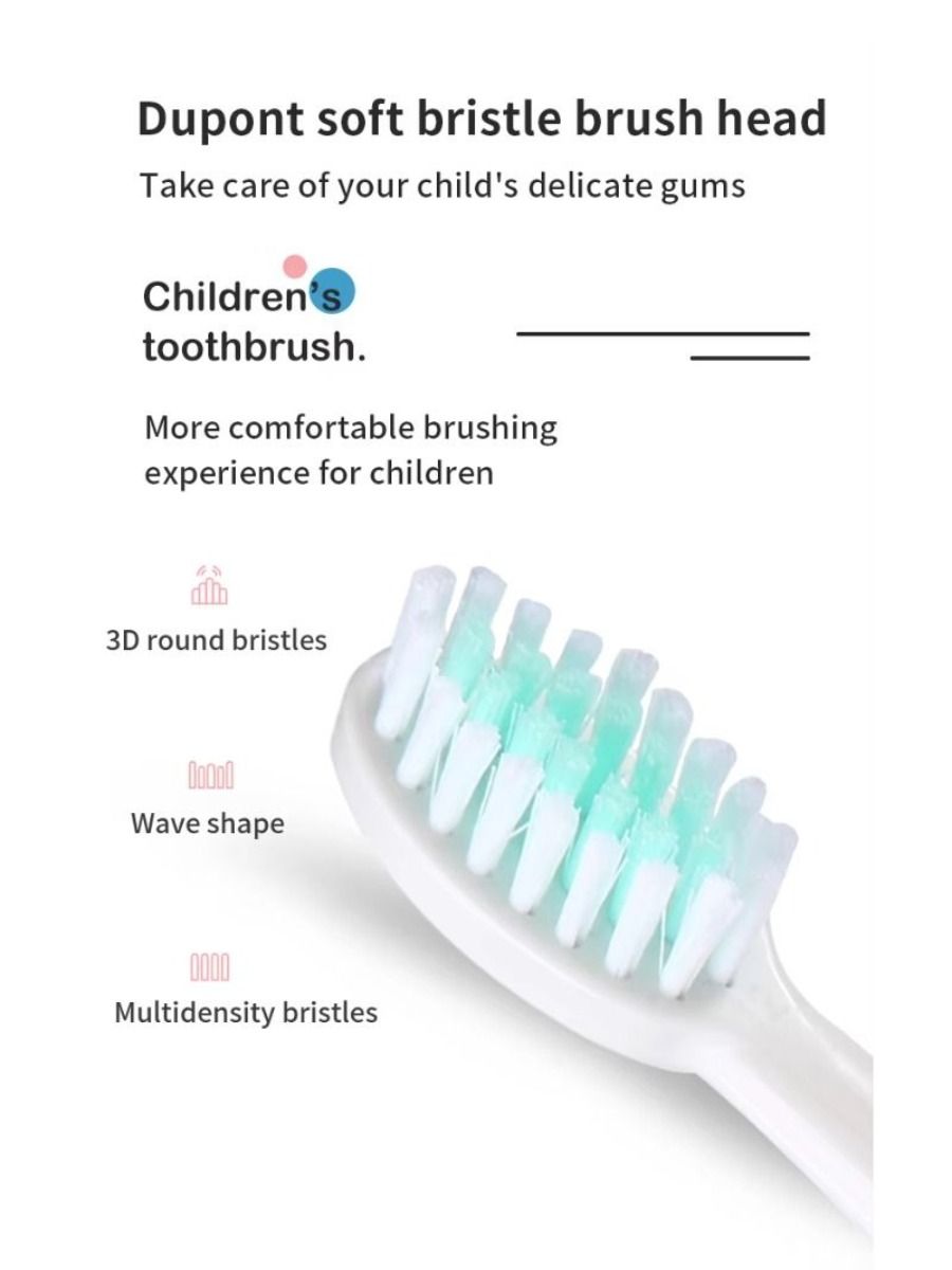 Electric children's toothbrush with soft bristles, featuring a two-minute timer and six replacement heads