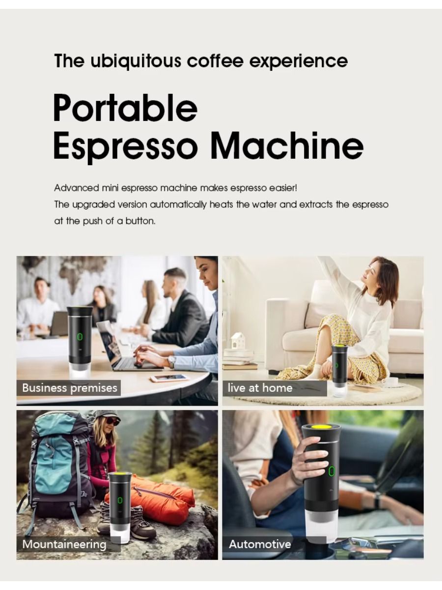 Electric portable coffee maker, battery-powered, suitable for car trips