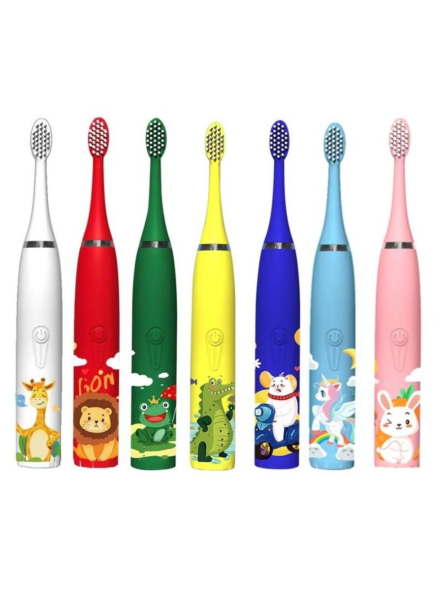 Electric children's toothbrush with soft bristles, featuring a two-minute timer and six replacement heads