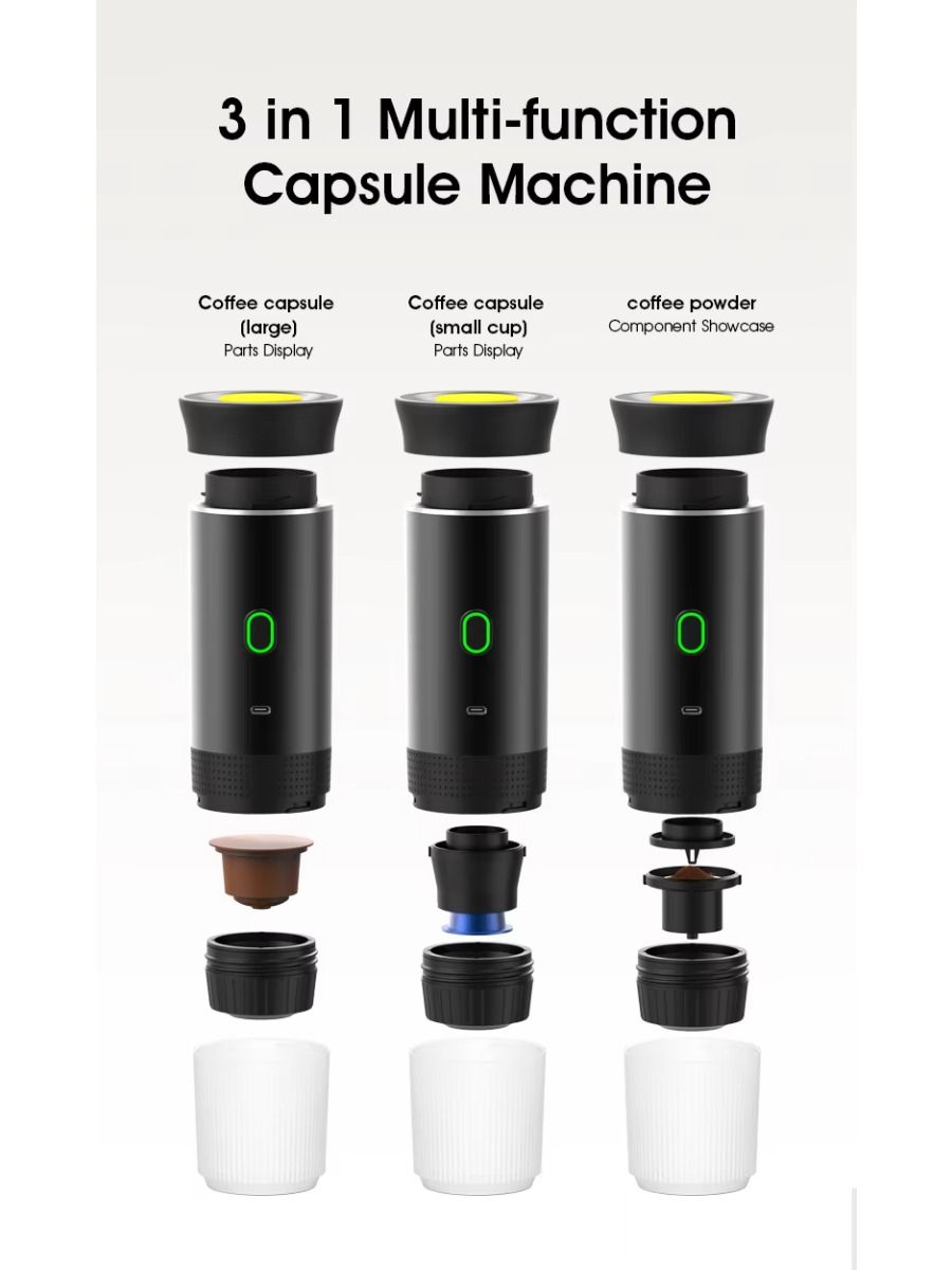 Electric portable coffee maker, battery-powered, suitable for car trips