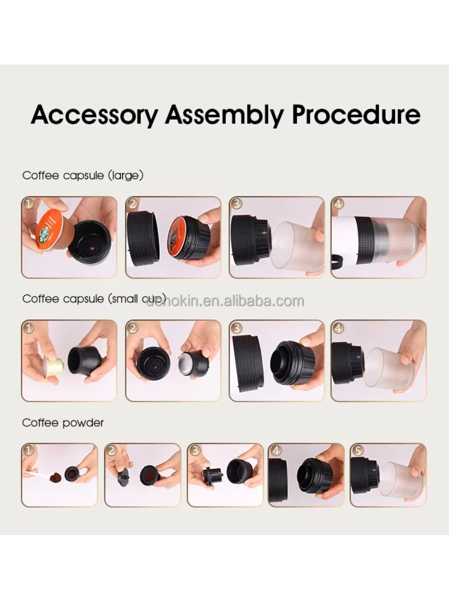 Electric portable coffee maker, battery-powered, suitable for car trips