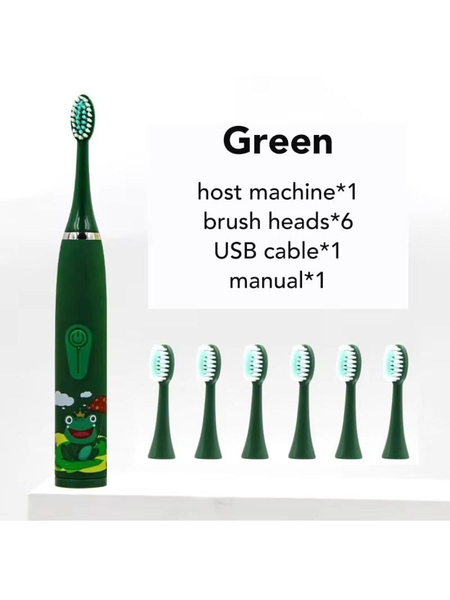 Electric children's toothbrush with soft bristles, featuring a two-minute timer and six replacement heads