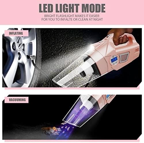 VARSK 4-in-1 Car Vacuum Cleaner High Power, Presents for Her Women Girls Mom, Pink Handheld Car Vacuum Portable Tire Inflator with Digital Tire Pressure Gauge LCD Display and Light, 12V DC, 15FT Cord