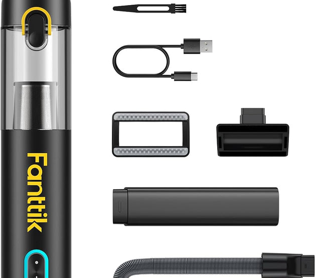 Fanttik Slim V8 Mate Cordless Car Vacuum Suction Power 12000Pa, Portable Mini Vacuum with Flexible Hose and Pet Brush, Type-C Charge, Portable for Car, Office Desk, Keyboards, Black
