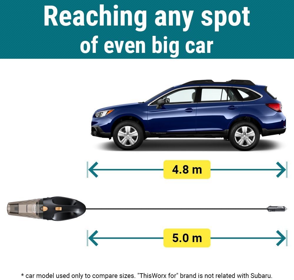 THISWORX Car Vacuum Cleaner - Portable, High Power, Handheld Vacuums w/ 3 Attachments, 16 Ft Cord & Bag - 12v, Auto Accessories Kit for Interior Detailing - Black