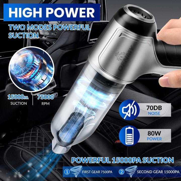 Wireless Handheld Car Vacuum Cleaner,Mini Car Vacuum Cleaner,15000Pa High Power Cordless Vacuum Cleaner,3 in 1 Portable Handheld Car Vacuum Cordless for Car,Office and Home Cleaning, Grey+black