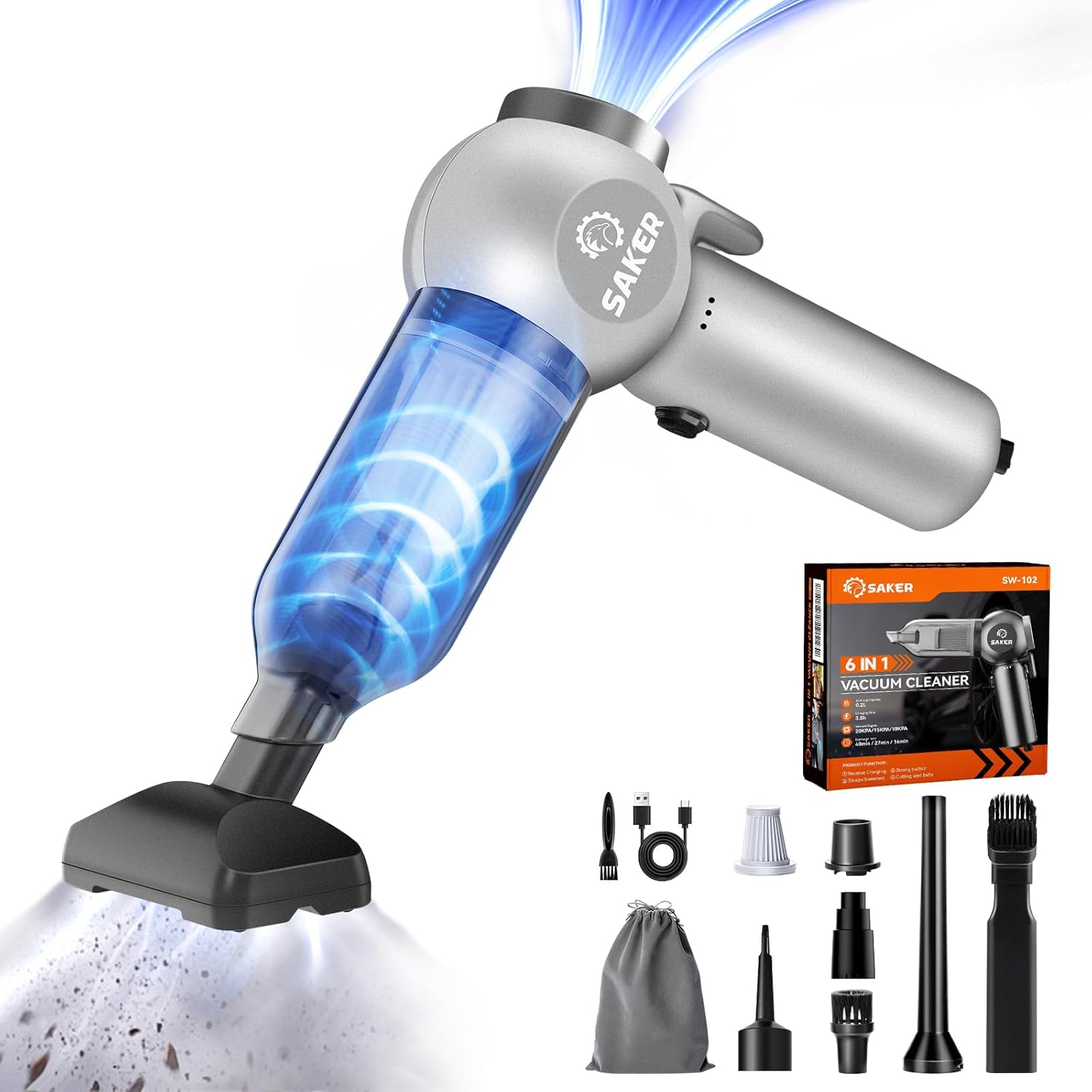 Saker Portable Car Vacuum Cordless 20000Pa 6 in 1 Multifunctional Adjustable Small Handheld Vacuum 7800mAH with Brushless Motor, for Car Home and Office SW-102