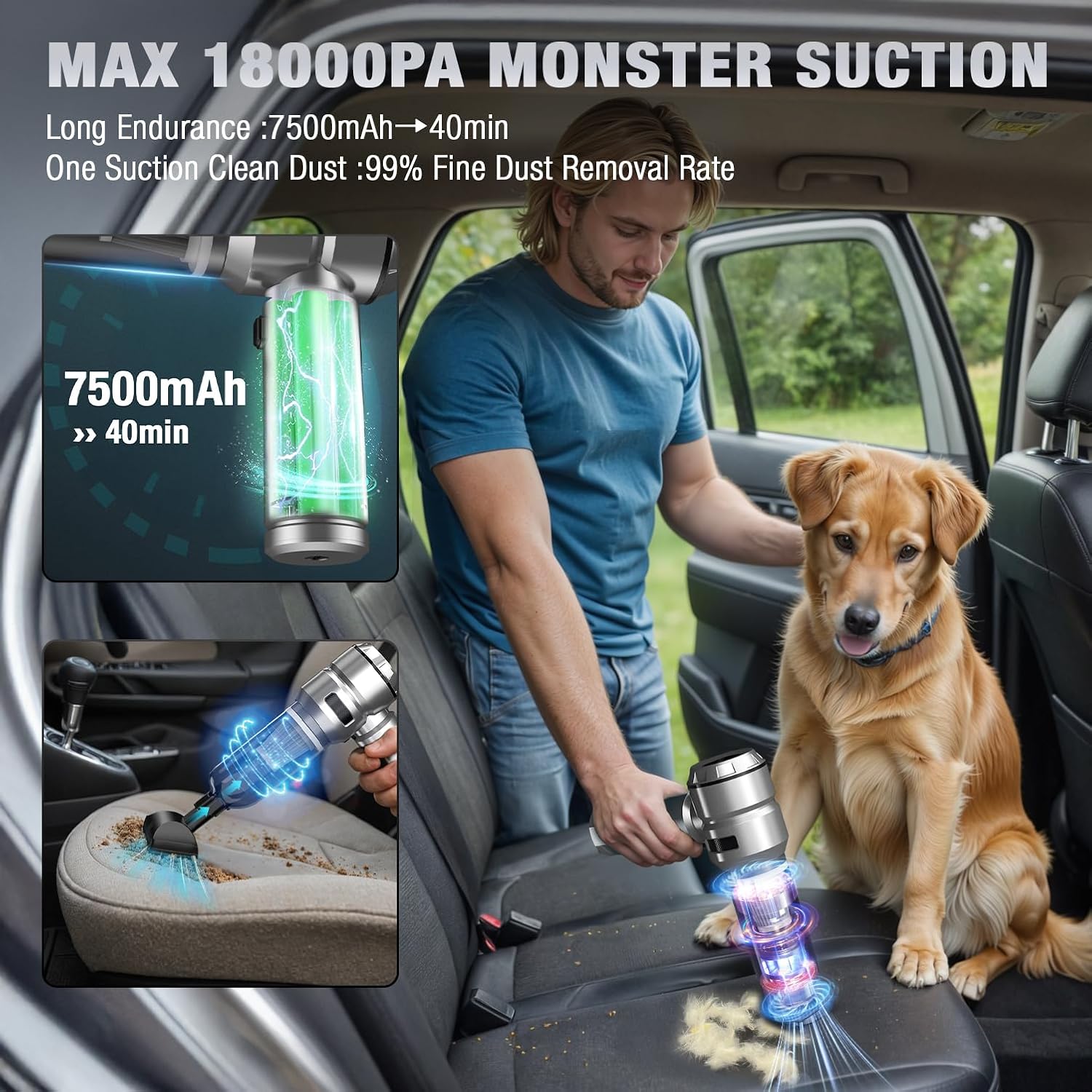 Car Vacuum Cleaner High Power,18000PA,40 Mins Runtime, Mini Vacuum Cleaner 4 In 1 Compressed Air Duster & Air Blower & Pump Hand Held Vacuum Cordless With Brushless Motor For Car, Home, Office