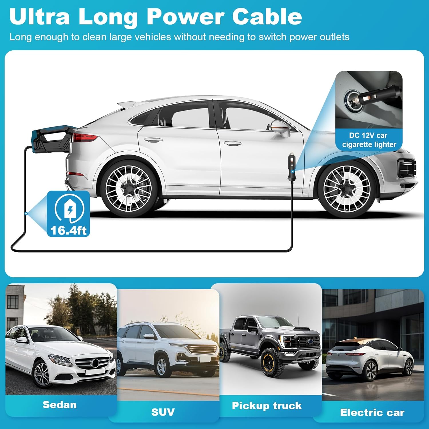 Car Vacuum - Portable Handheld Car Vacuum Cleaner High Power with 16.4ft Cord, Bag, LED Light & Attachments - DC 12V High Power Small Vacuum for Car, RV, Boats, Travel - Car Accessories