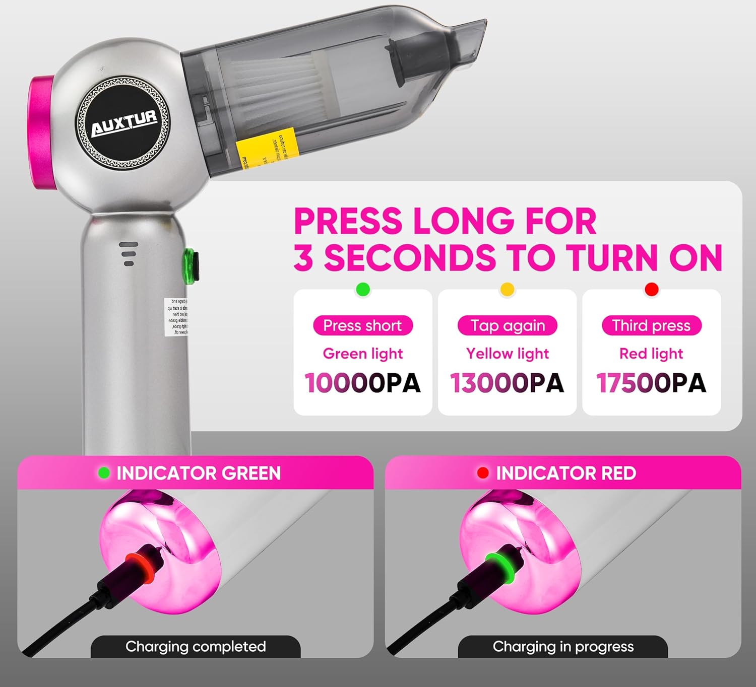Handheld Vacuum Cleaner Cordless - 17500PA Strong Suction Rechargeable, 3-Speed Adjustable Portable Mini Dust Buster for Pet Hair, Car Detailing, Home, Office & Car Cleaning