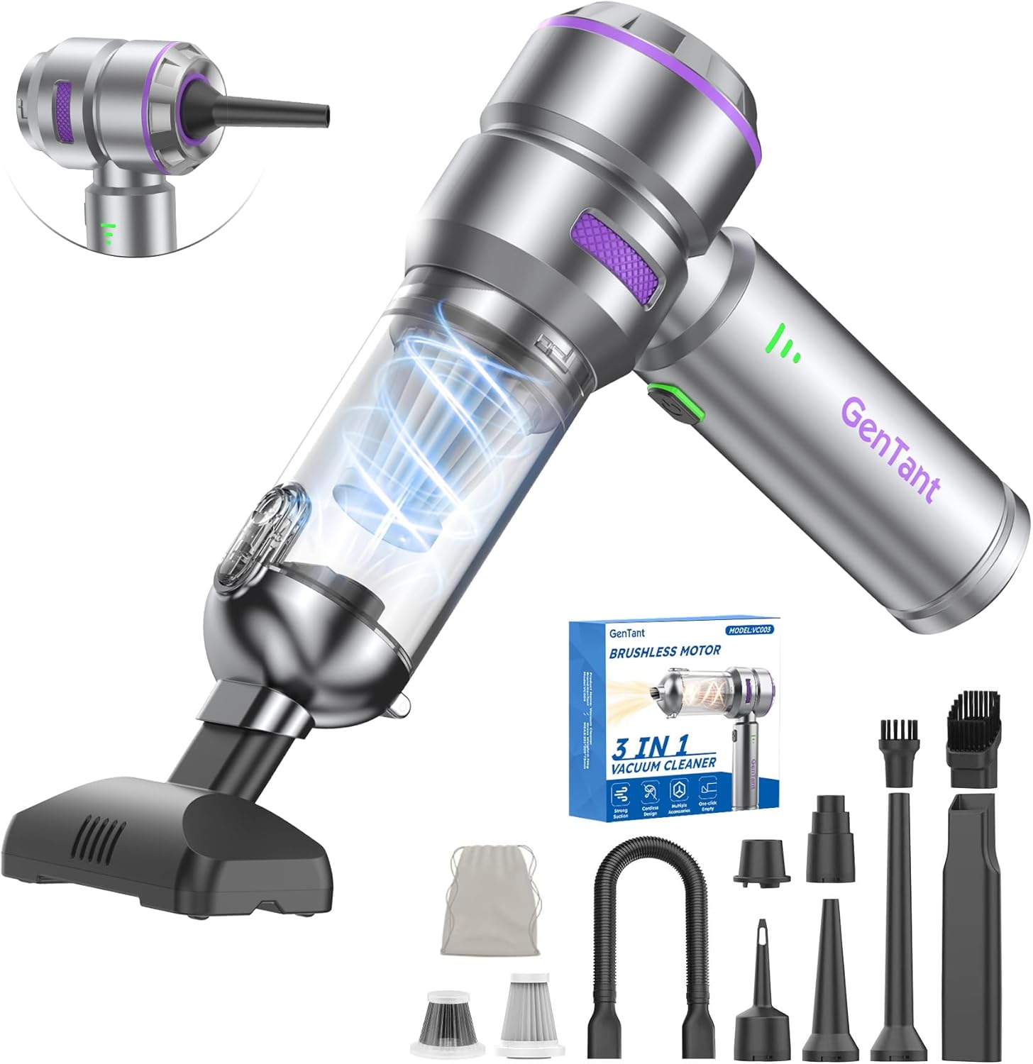 Mini Vacuum Cleaner Cordless, Car Vacuum Cleaner High Power Rechargeable Strong Suction Flexible Hose, Air Duster Blower Brushless Motor, Airify Pro Car Vacuum for Home Office Pet Hair