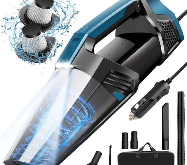 Car Vacuum - Portable Handheld Car Vacuum Cleaner High Power with 16.4ft Cord, Bag, LED Light & Attachments - DC 12V High Power Small Vacuum for Car, RV, Boats, Travel - Car Accessories