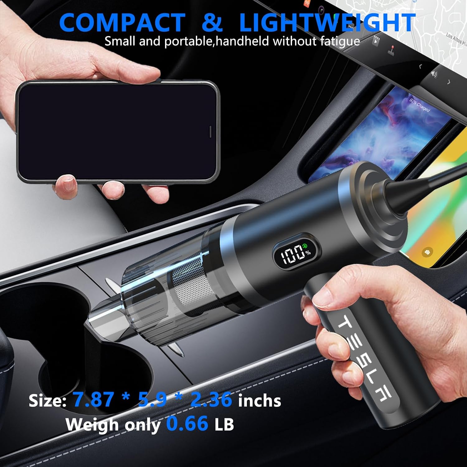 Foldable Car Vacuum Cleaner for Tesla Model 3 Y X S, 4-in-1 Cordless Handheld Vacuum,12000PA High Power, Tesla Mini Portable Car Vacuum with LED, Tesla Model Y 3 X S Accessories 2025-2017