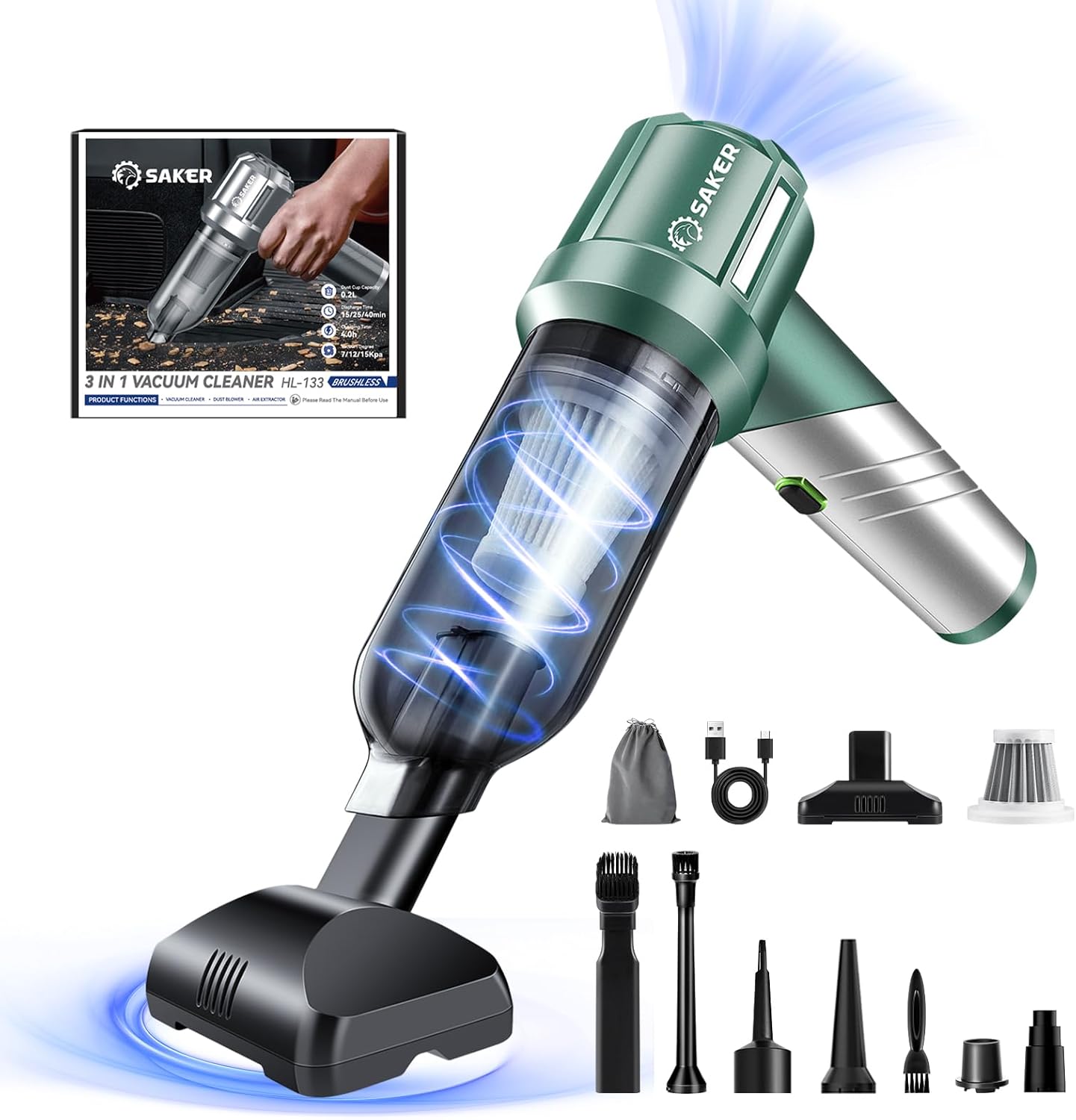Saker Portable Handheld Vacuum Cordless Portable 17000PA Foldable Car Vacuum Cleaner Mini Dust Blower with Brushless Motor, Office Pet and Home Cleaning HL133