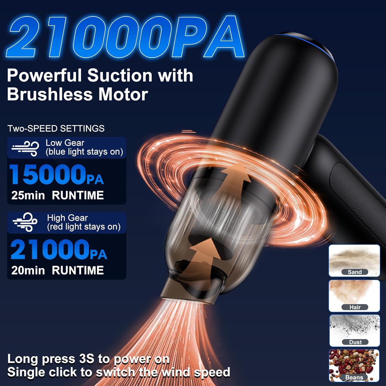 Handheld Car Vacuum Cleaner Cordless, 18000PA High Power Car Vacuum Cleaner & Air Duster/Blower, Portable Vacuum with Magnetic Dust Collection Bin, LED Light, 2 Gear Hand Held Vacuum for PC(Black)
