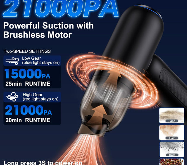 Handheld Car Vacuum Cleaner Cordless, 18000PA High Power Car Vacuum Cleaner & Air Duster/Blower, Portable Vacuum with Magnetic Dust Collection Bin, LED Light, 2 Gear Hand Held Vacuum for PC(Black)