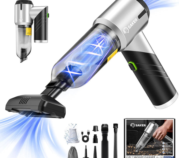Saker Handheld Car Vacuum Portable Cordless17000PA Mini Vacuums Rechargeable Foldable Vacuum Cleaner with Brushless Motor for Gifts Home,Office Pet HL132 Black