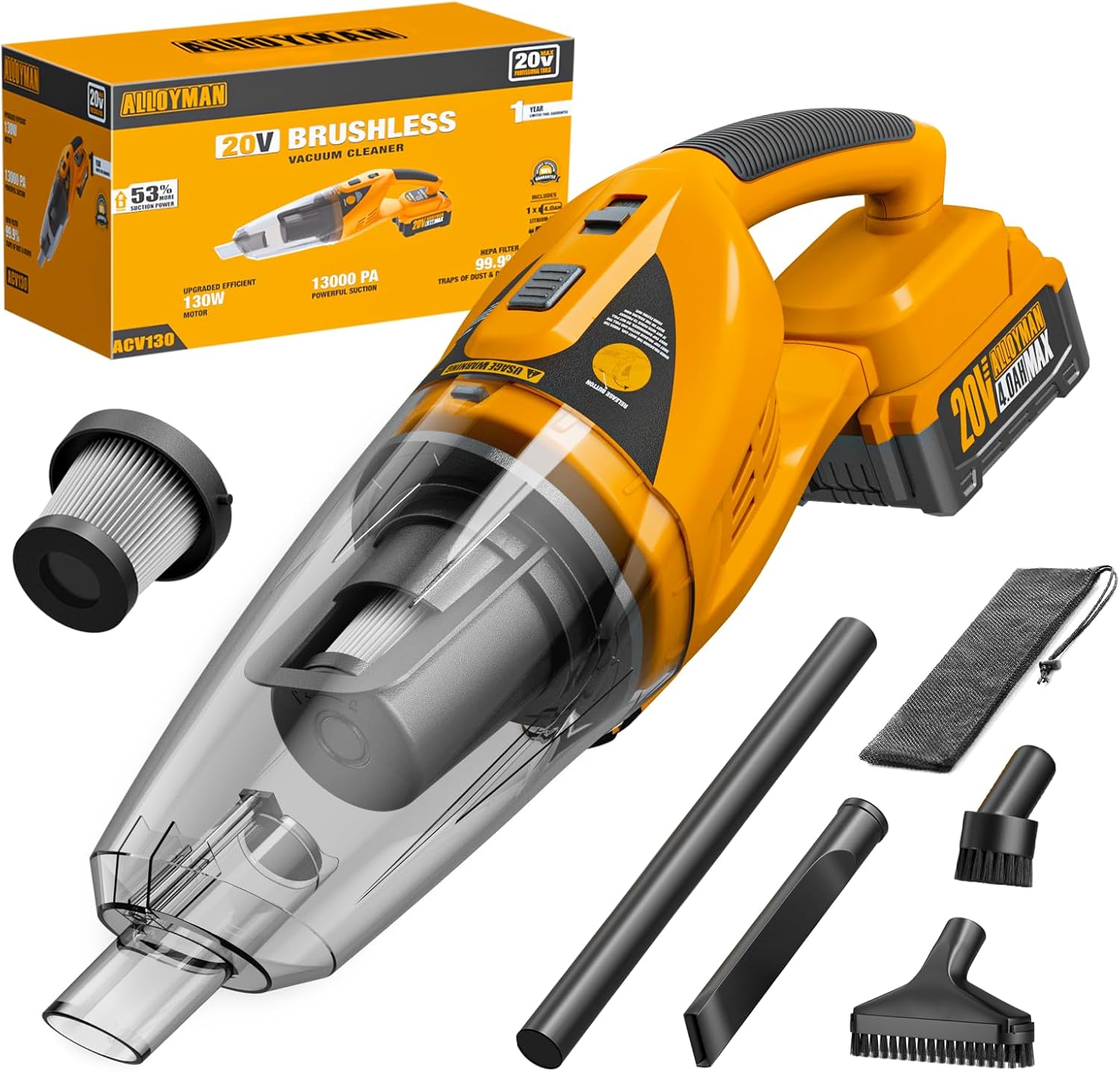 Alloyman Handheld Vacuum Cordless Cleaner with Max 20V Replaceable Battery,13000PA Powerful Suction Ideal for Cleaning Car/Home/Office/Pet Hair-Yellow and Black