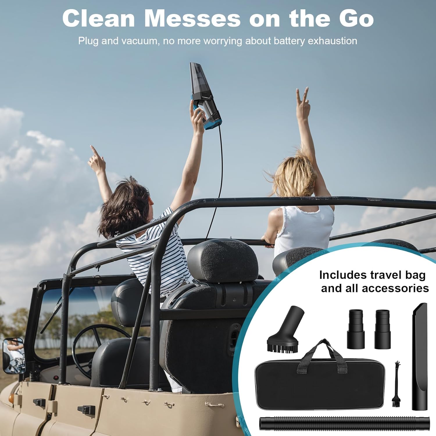 Car Vacuum - Portable Handheld Car Vacuum Cleaner High Power with 16.4ft Cord, Bag, LED Light & Attachments - DC 12V High Power Small Vacuum for Car, RV, Boats, Travel - Car Accessories