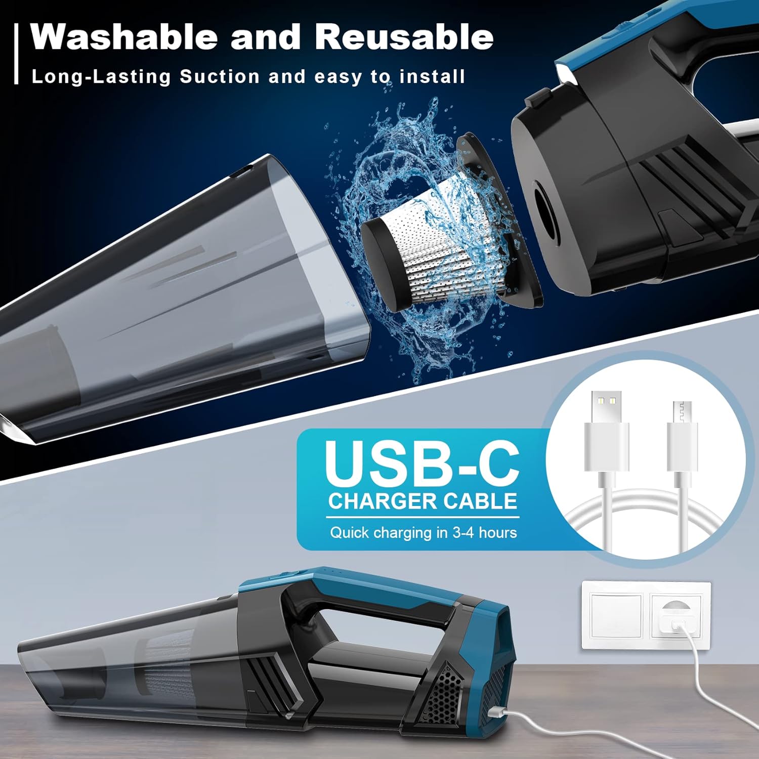 Cordless Car Vacuum Lightweight High Power Handheld Vacuum Cleaner with LED Light, Upgraded Hand Vacuum for Car Home Office and Pet Hair, BlackBlue