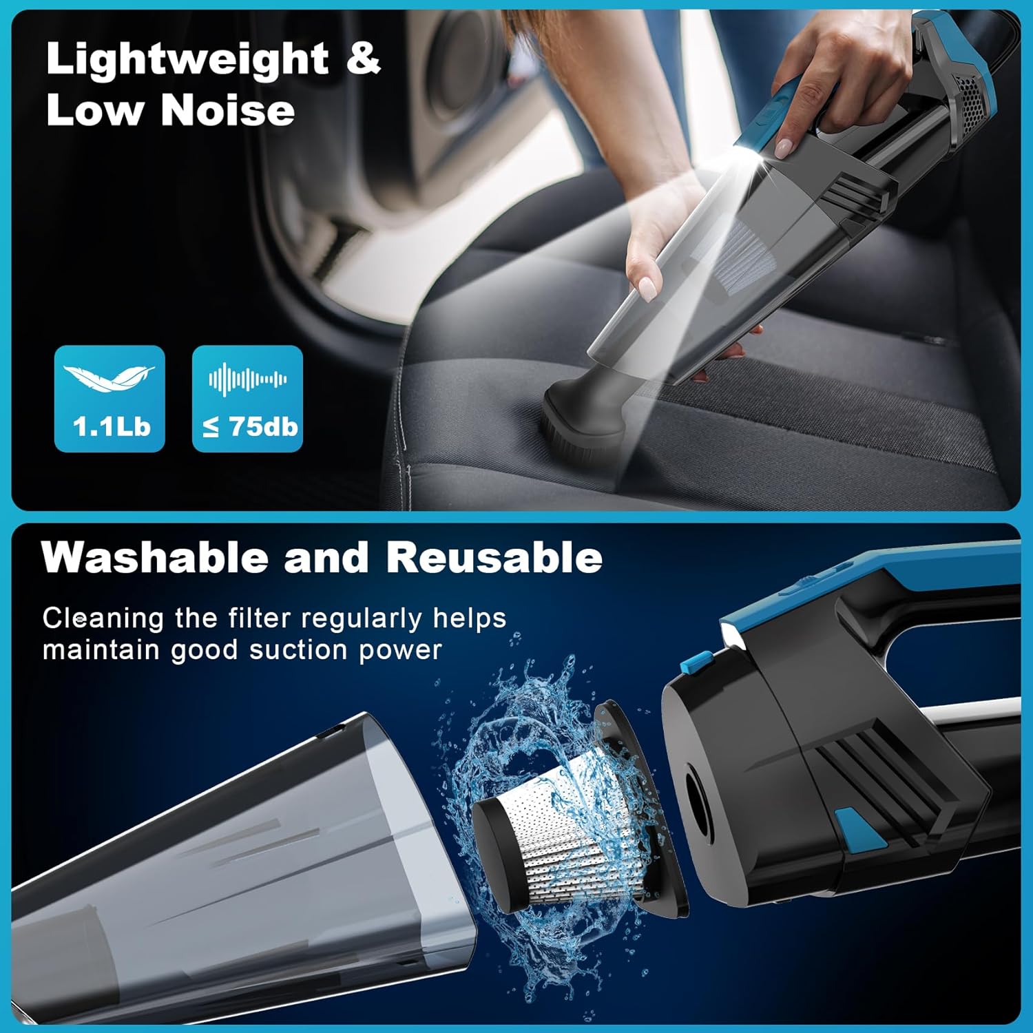 Car Vacuum - Portable Handheld Car Vacuum Cleaner High Power with 16.4ft Cord, Bag, LED Light & Attachments - DC 12V High Power Small Vacuum for Car, RV, Boats, Travel - Car Accessories