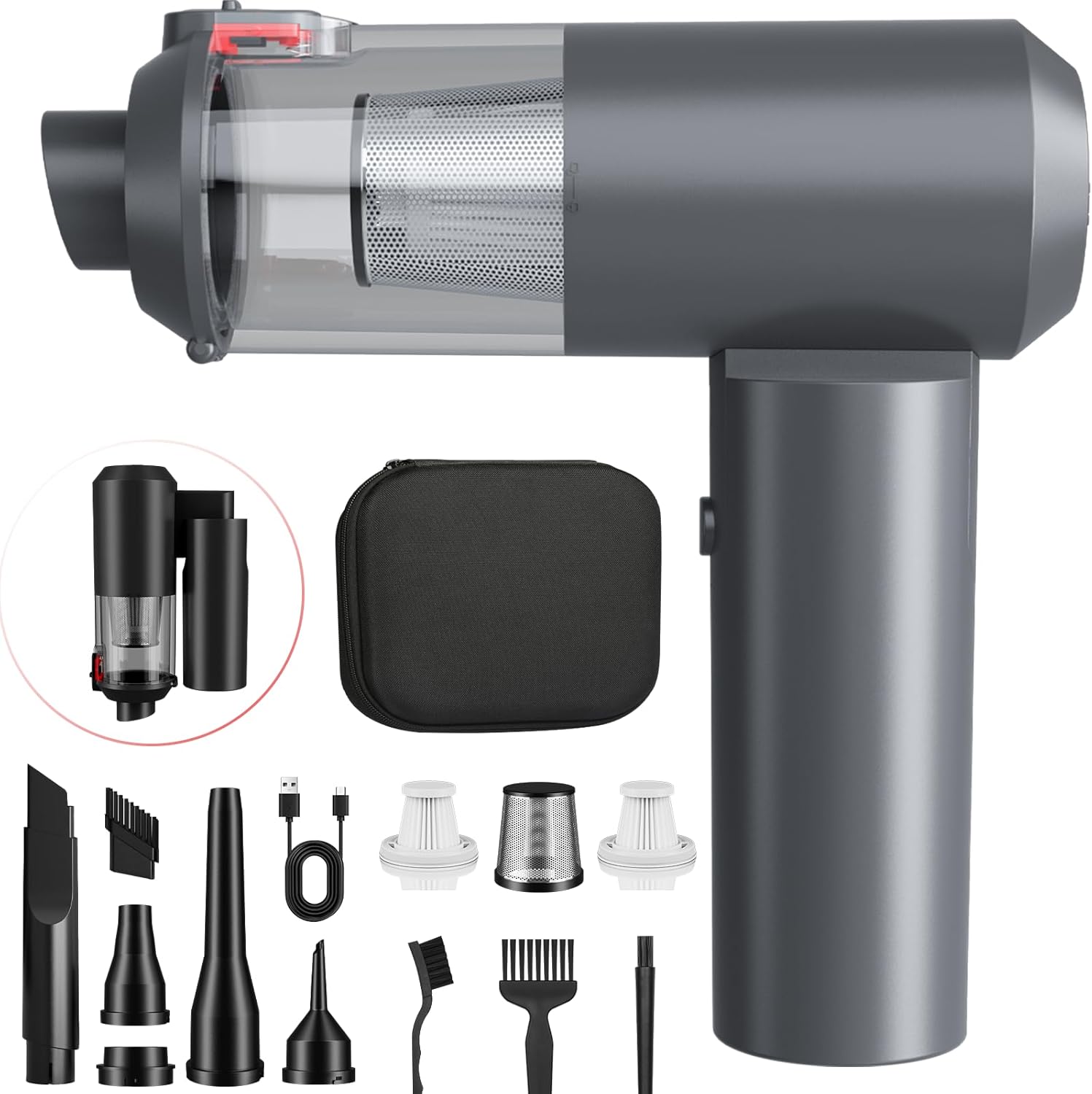 Car Vacuum Portable Cordless - 4 in 1 90° Foldable Mini Car Vacuum with 16000Pa, Rechargeable Handheld Air Duster with Brushless Motor for Auto Home Office Pet Hair (Black)