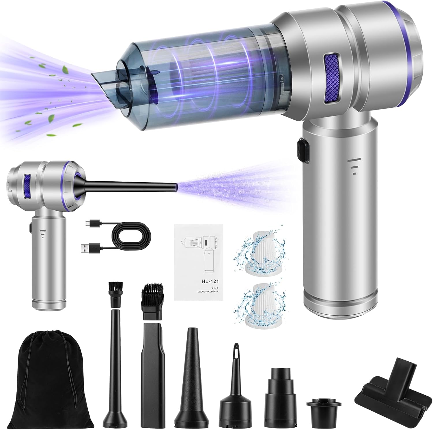 Handheld Car Vacuum Portable Cordless - 18000PA High Power with Brushless Motor, 4-in-1 Air Duster, Blower, Pump & Rechargeable Mini Vacuum for Car, Home, Office (Silver Grey+Purple)