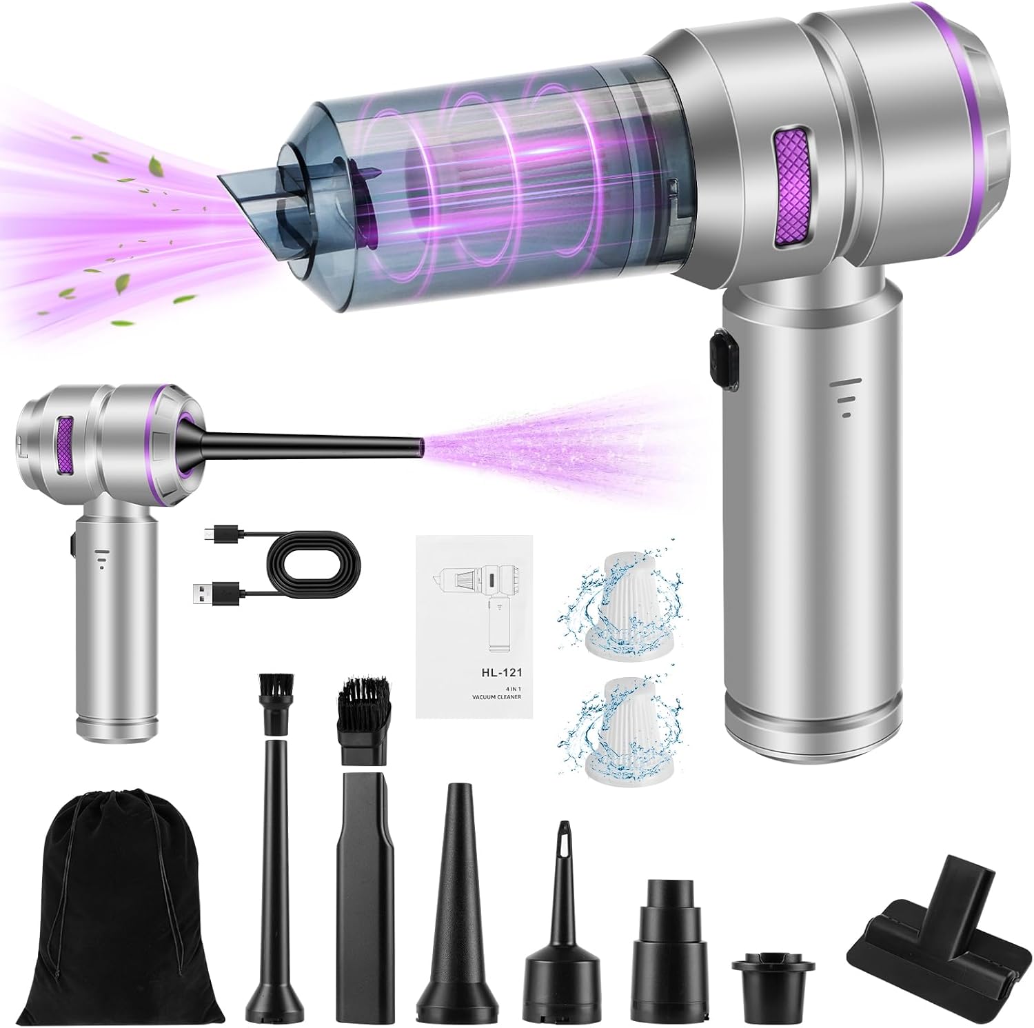 Handheld Car Vacuum Portable Cordless - 18000PA High Power with Brushless Motor, 4-in-1 Air Duster, Blower, Pump & Rechargeable Mini Vacuum for Car, Home, Office (Silver Grey+Purple)