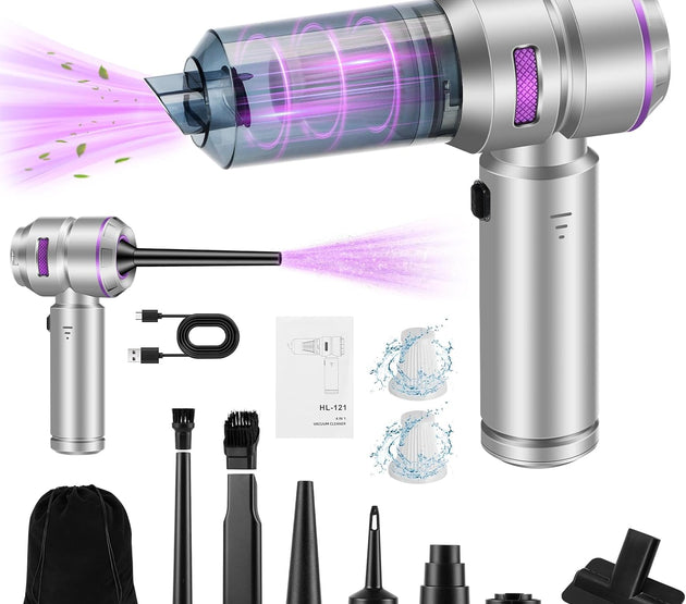 Handheld Car Vacuum Portable Cordless - 18000PA High Power with Brushless Motor, 4-in-1 Air Duster, Blower, Pump & Rechargeable Mini Vacuum for Car, Home, Office (Silver Grey+Purple)