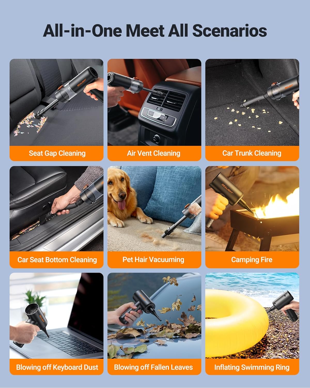 SEALIGHT Car Vacuum Portable Cordless, 22000PA Mini Vacuum Cleaner and Air Duster, 4 in 1 Hand Held Vacuum with Car Accessories, Cordless Vacuum Cleaner for Car, Pet, Home, Office