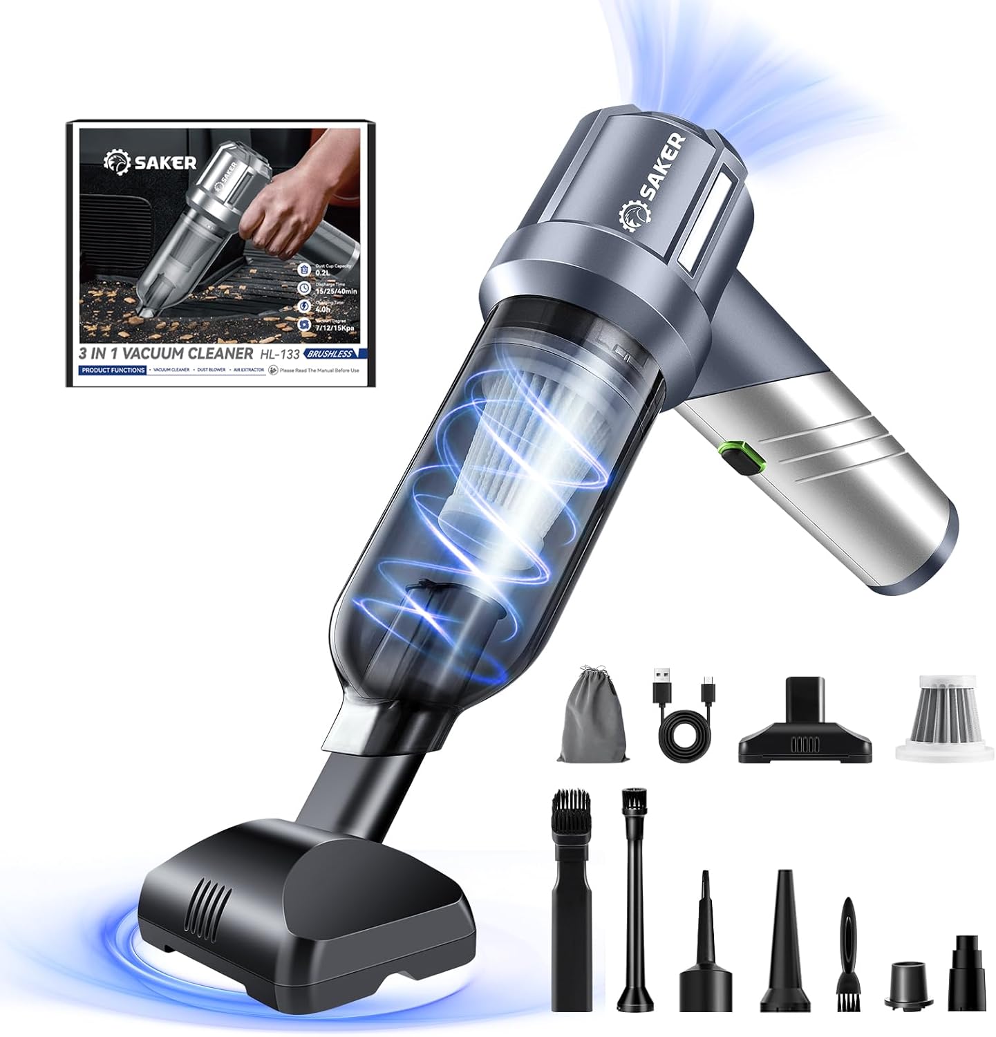 Saker Portable Handheld Vacuum Cordless Portable 17000PA Foldable Car Vacuum Cleaner Mini Dust Blower with Brushless Motor, Office Pet and Home Cleaning HL133