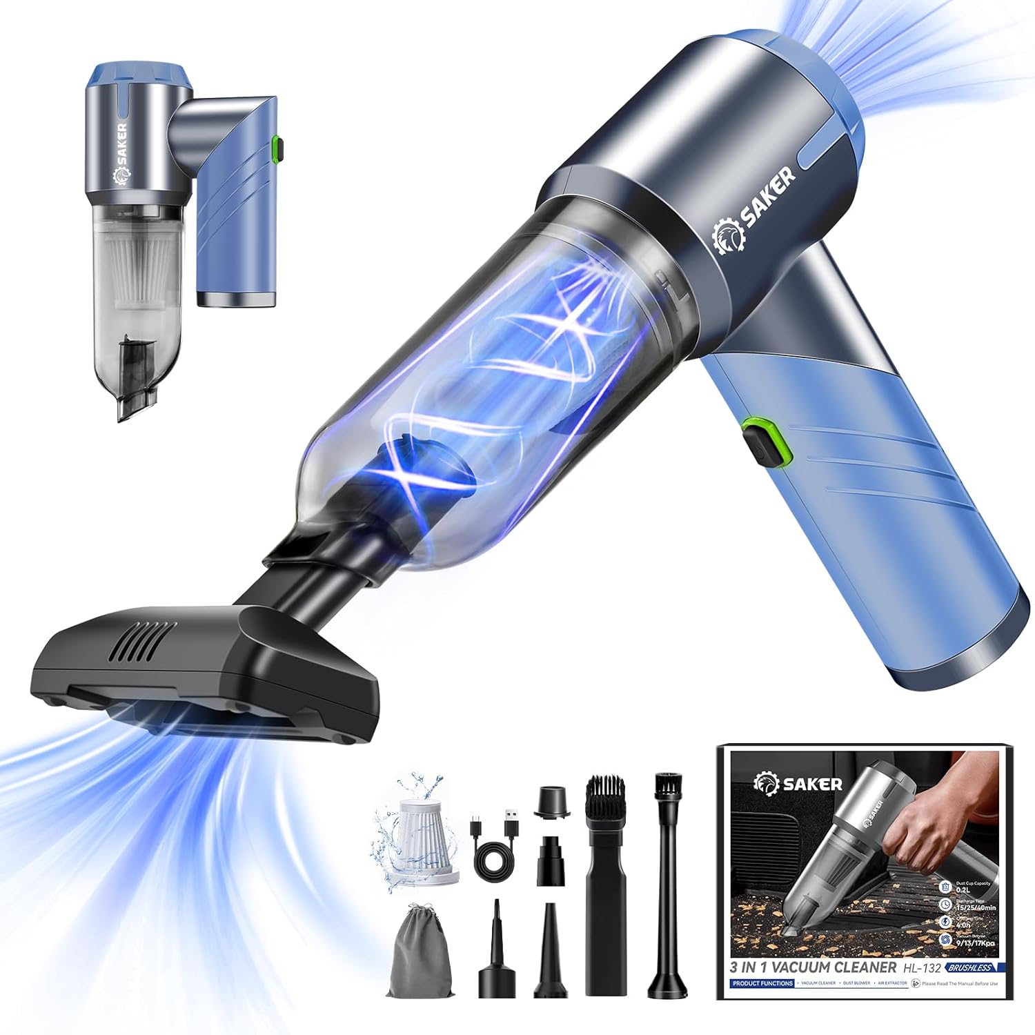 Saker Handheld Car Vacuum Portable Cordless17000PA Mini Vacuums Rechargeable Foldable Vacuum Cleaner with Brushless Motor for Gifts Home,Office Pet HL132 Black