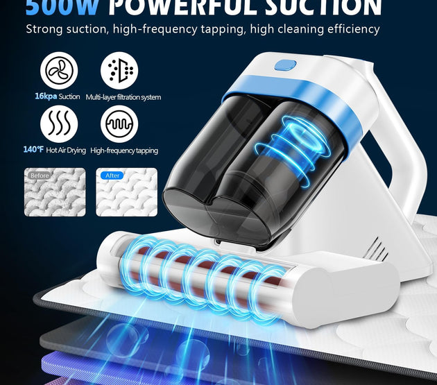 Mattress Cleaner Vacuum with Strong Suction, Ultrasonic Heating Tech & 140°F Heat & Widened Port Vacuum, 500W 20Kpa Power Double-Cup Handheld Bed Vacuums for Cribs Pillows Fabric Surface