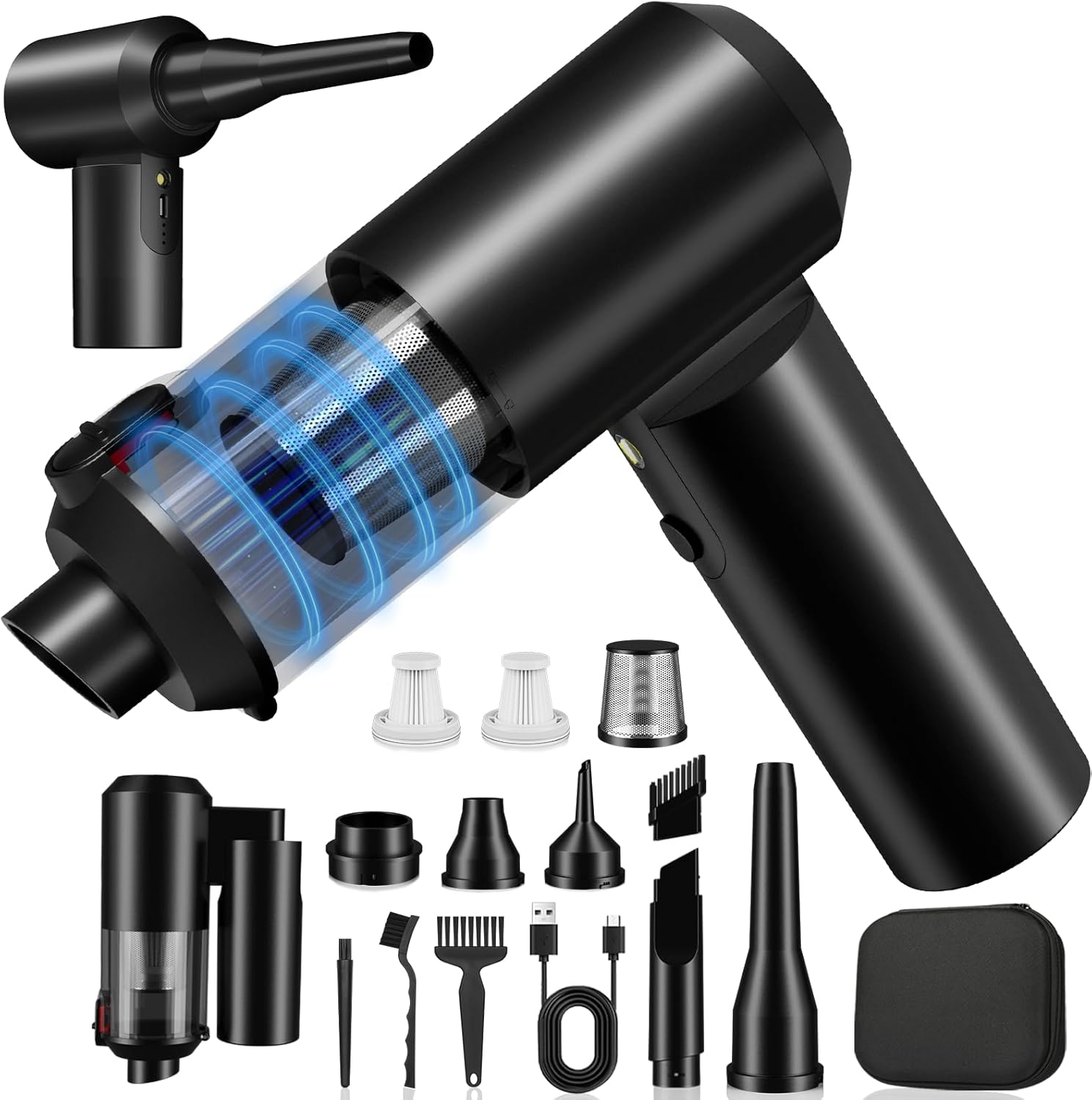 Car Vacuum Portable Cordless - 4 in 1 90° Foldable Mini Car Vacuum with 16000Pa, Rechargeable Handheld Air Duster with Brushless Motor for Auto Home Office Pet Hair (Black)
