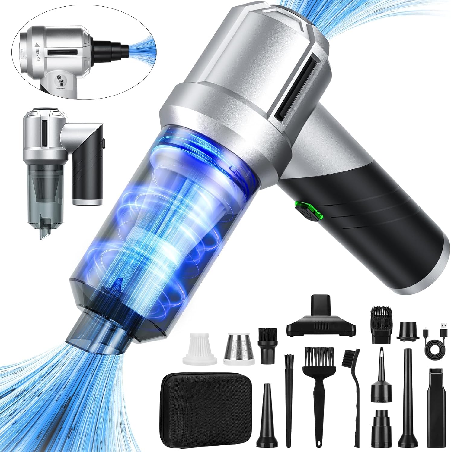 Arify Pro Car Vacuum Portable Cordless with 18000PA Super Suction, 4 in 1 Portable Air Blower/Car Vacuum 90°Foldable Handheld Rechargeable Brushless Motor for Home, PC