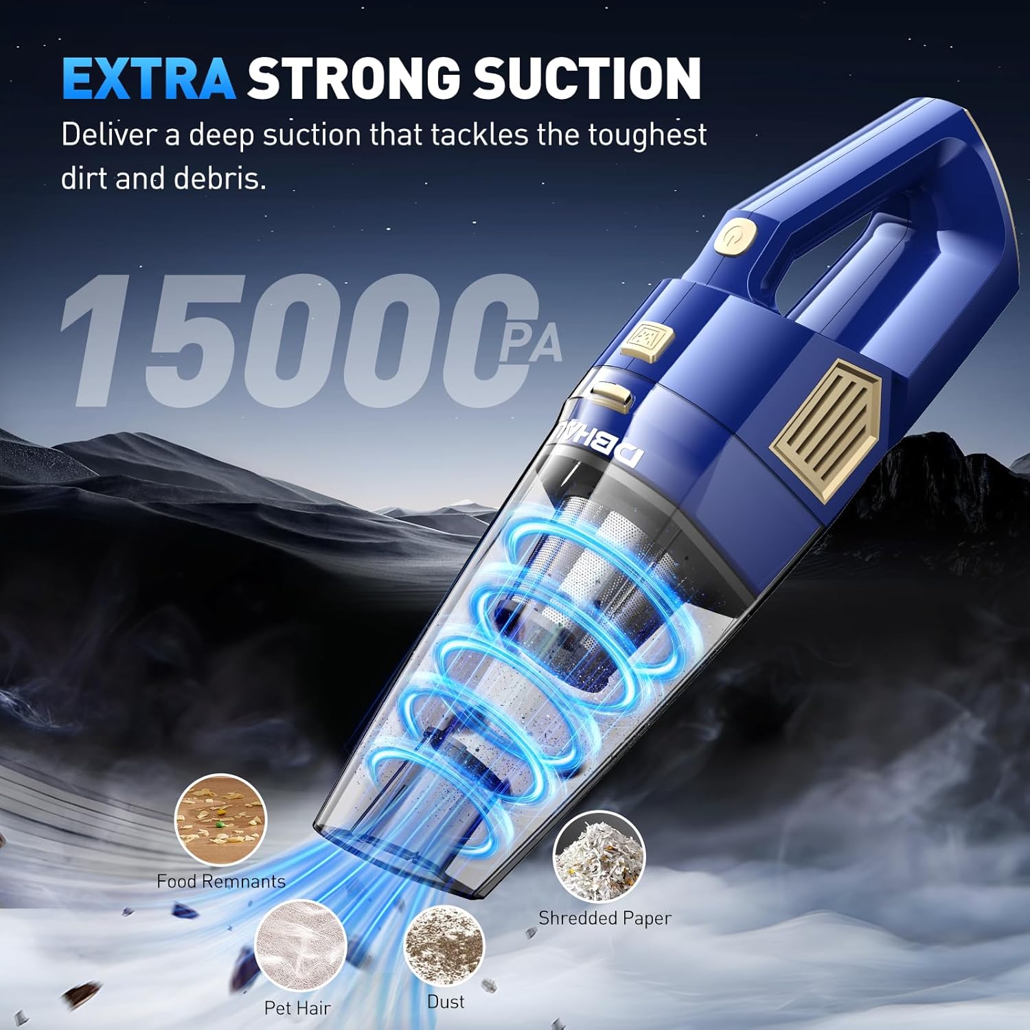 Handheld Vacuum Cordless, 15000PA Powerful Suction Car Vacuum Cleaner Lightweight with Multi Accessories, Hand held Vacuum Cleaner Dust Busters Cordless Rechargeable for Car Home