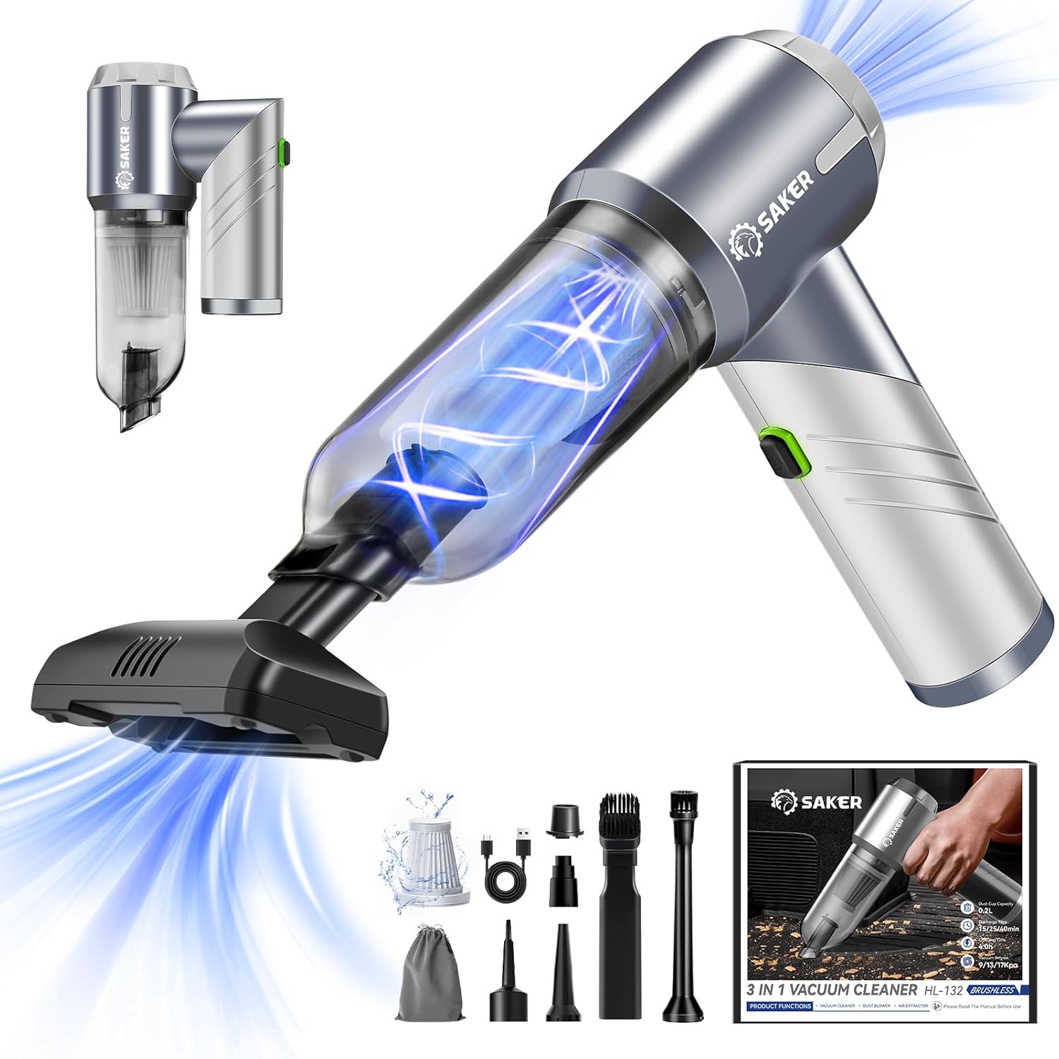 Saker Handheld Car Vacuum Portable Cordless17000PA Mini Vacuums Rechargeable Foldable Vacuum Cleaner with Brushless Motor for Gifts Home,Office Pet HL132 Black