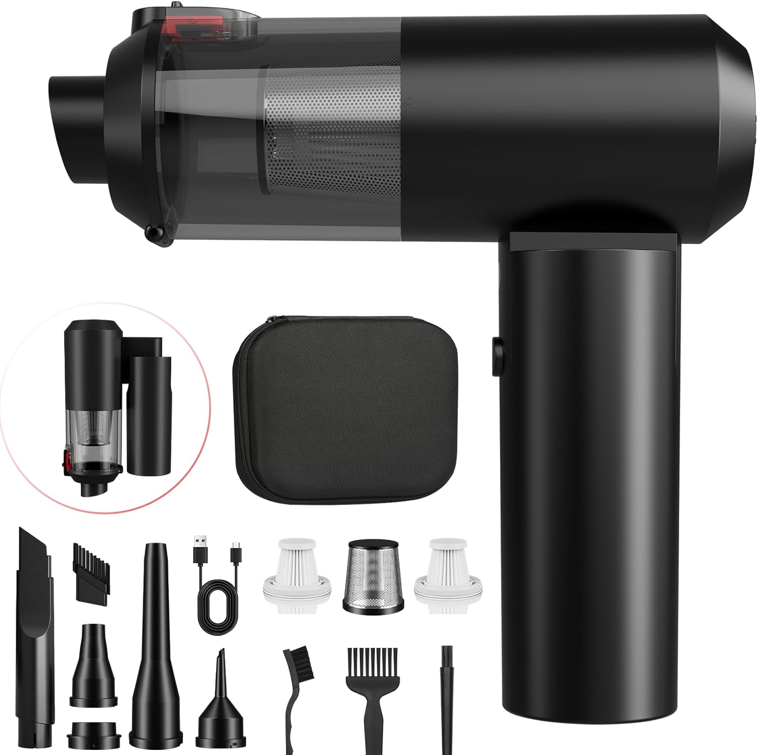 Car Vacuum Portable Cordless - 4 in 1 90° Foldable Mini Car Vacuum with 16000Pa, Rechargeable Handheld Air Duster with Brushless Motor for Auto Home Office Pet Hair (Black)