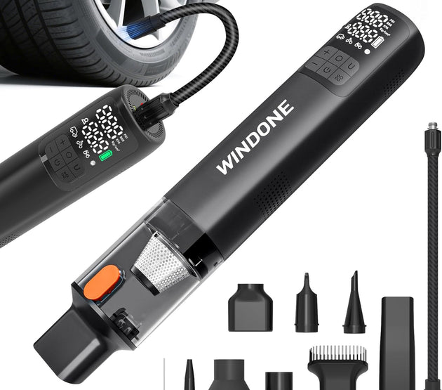 Car Vacuum, 12000Pa 2-in-1 Cleaner & Tire Inflator 150PSI, 60W Brushless Motor, Cordless Handheld Vacuum & Air Pump with Pressure Gauge, LED Light, Multi-Nozzles for Car, Home, Office