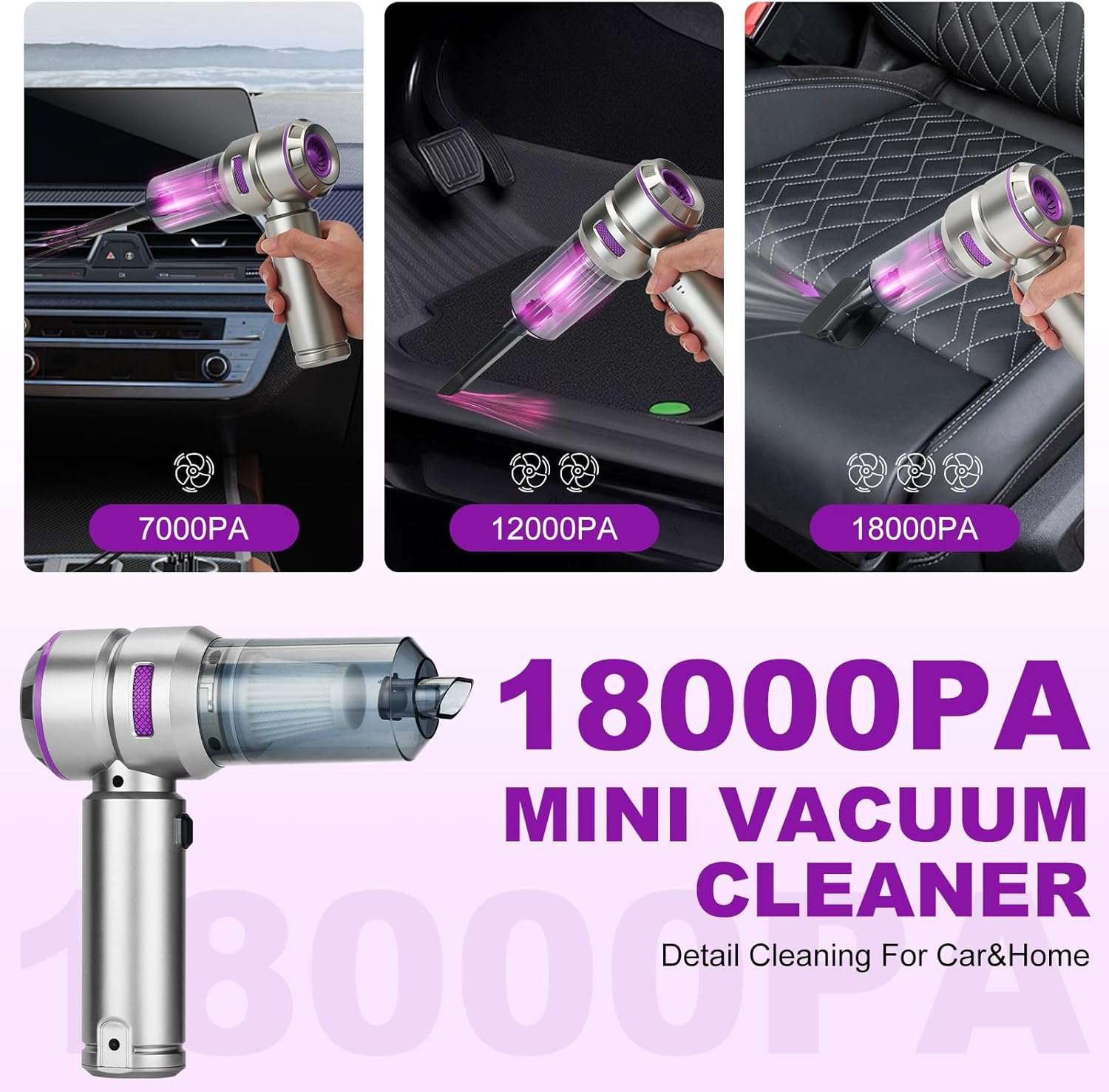 Handheld Car Vacuum Portable Cordless - 18000PA High Power with Brushless Motor, 4-in-1 Air Duster, Blower, Pump & Rechargeable Mini Vacuum for Car, Home, Office (Silver Grey+Purple)