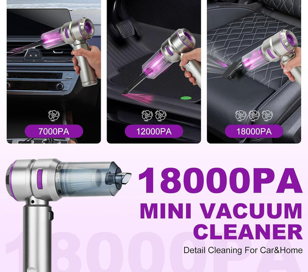 Handheld Car Vacuum Portable Cordless - 18000PA High Power with Brushless Motor, 4-in-1 Air Duster, Blower, Pump & Rechargeable Mini Vacuum for Car, Home, Office (Silver Grey+Purple)