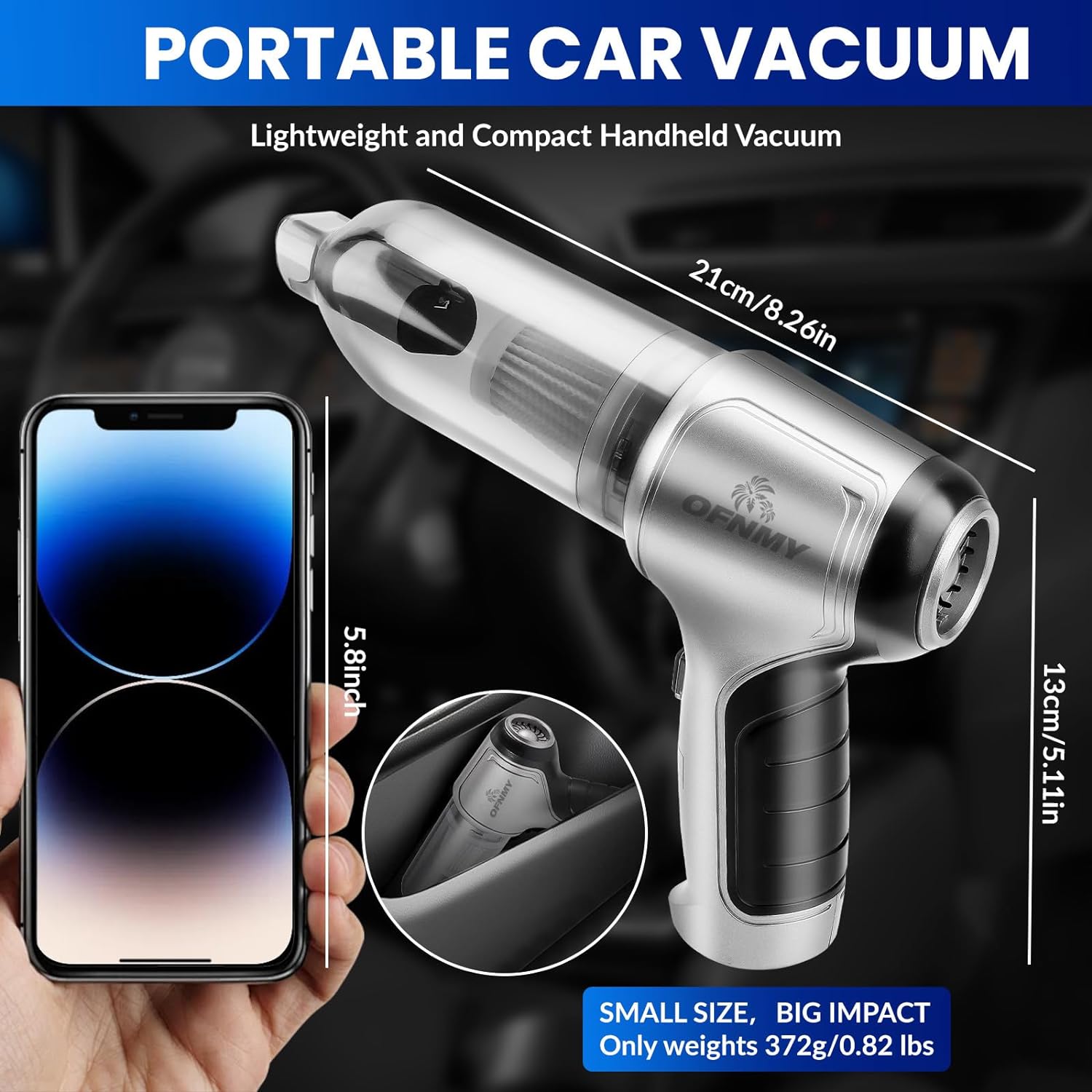 Wireless Handheld Car Vacuum Cleaner,Mini Car Vacuum Cleaner,15000Pa High Power Cordless Vacuum Cleaner,3 in 1 Portable Handheld Car Vacuum Cordless for Car,Office and Home Cleaning, Grey+black