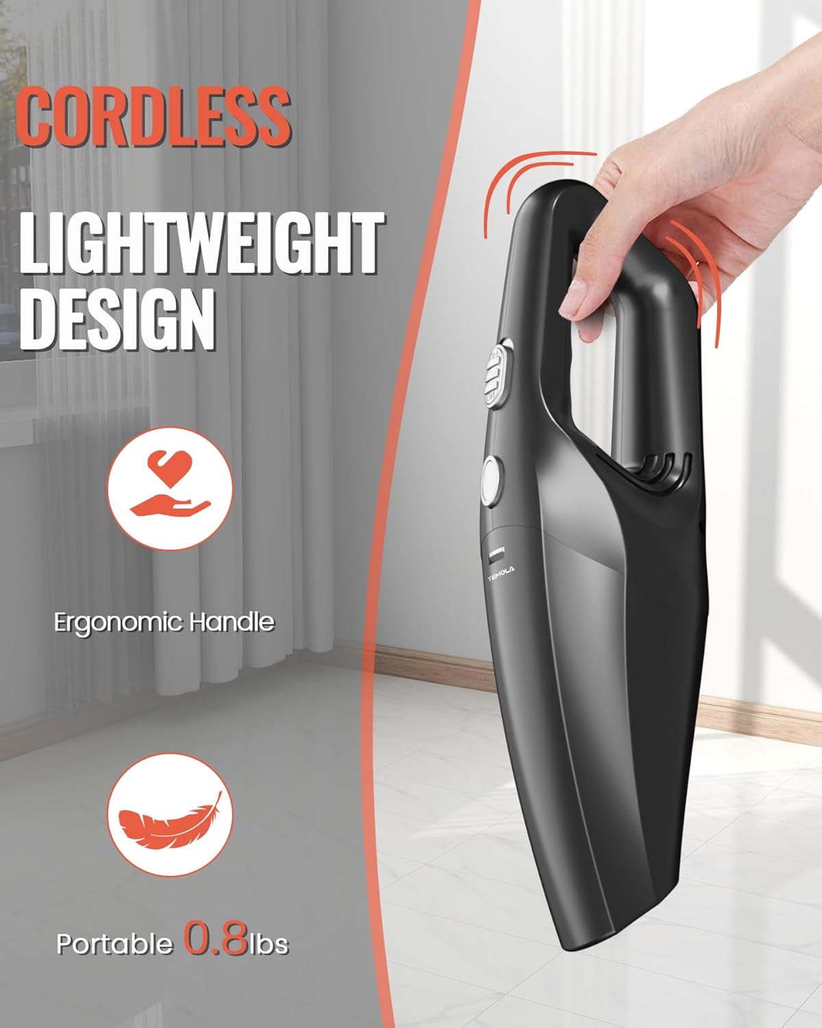 TEMOLA Handheld Vacuum Cordless, Car Vacuum Portable Cordless 12000Pa with Brushless Motor, 0.8lbs Lightweight Mini Vacuum Cleaner, Car Accessories for Women Home Pet Office