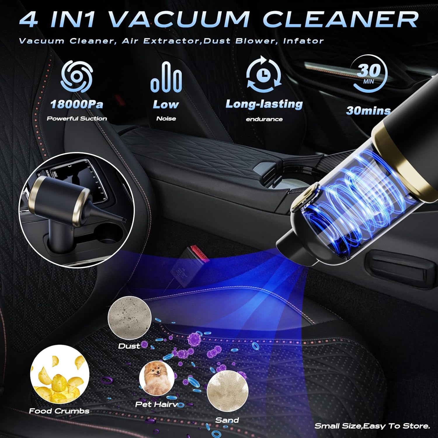 Car Vacuum Cleaner High Power-18000pa, 4-in-1 Cordless Car Vacuum Cleaner,Aspiradora para Carro for Multi-Nozzles for Home, Office, Pet.