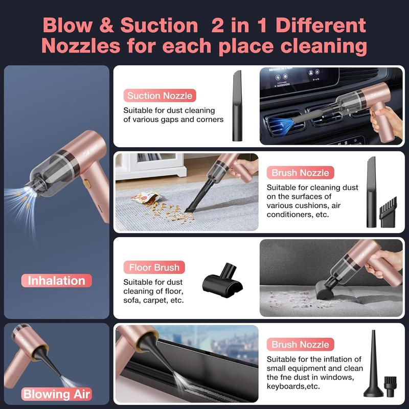 Vacuum Portable 4 in 1 Vacuum Cleaner 12000Pa Mini Handheld Vacuum Cordless Rechargeable 120W High Power Vacuum Cleaner & Air Duster Multi-Nozzles for  Home Office Pet (Pink)