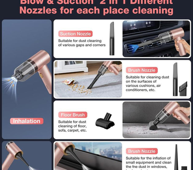 Vacuum Portable 4 in 1 Vacuum Cleaner 12000Pa Mini Handheld Vacuum Cordless Rechargeable 120W High Power Vacuum Cleaner & Air Duster Multi-Nozzles for  Home Office Pet (Pink)